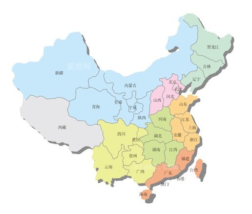 汉字标注各省份的中国地图