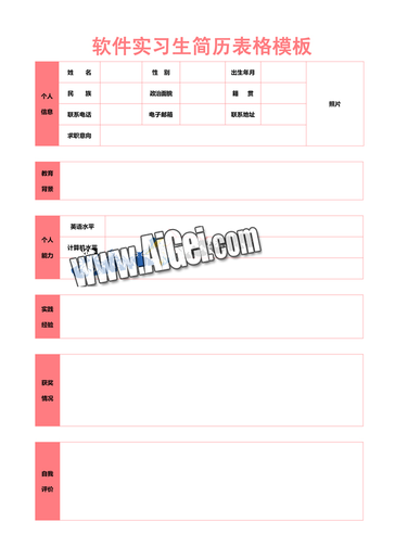 軟件實習生簡歷表格模板 - 大小:6k-word模板-愛給網